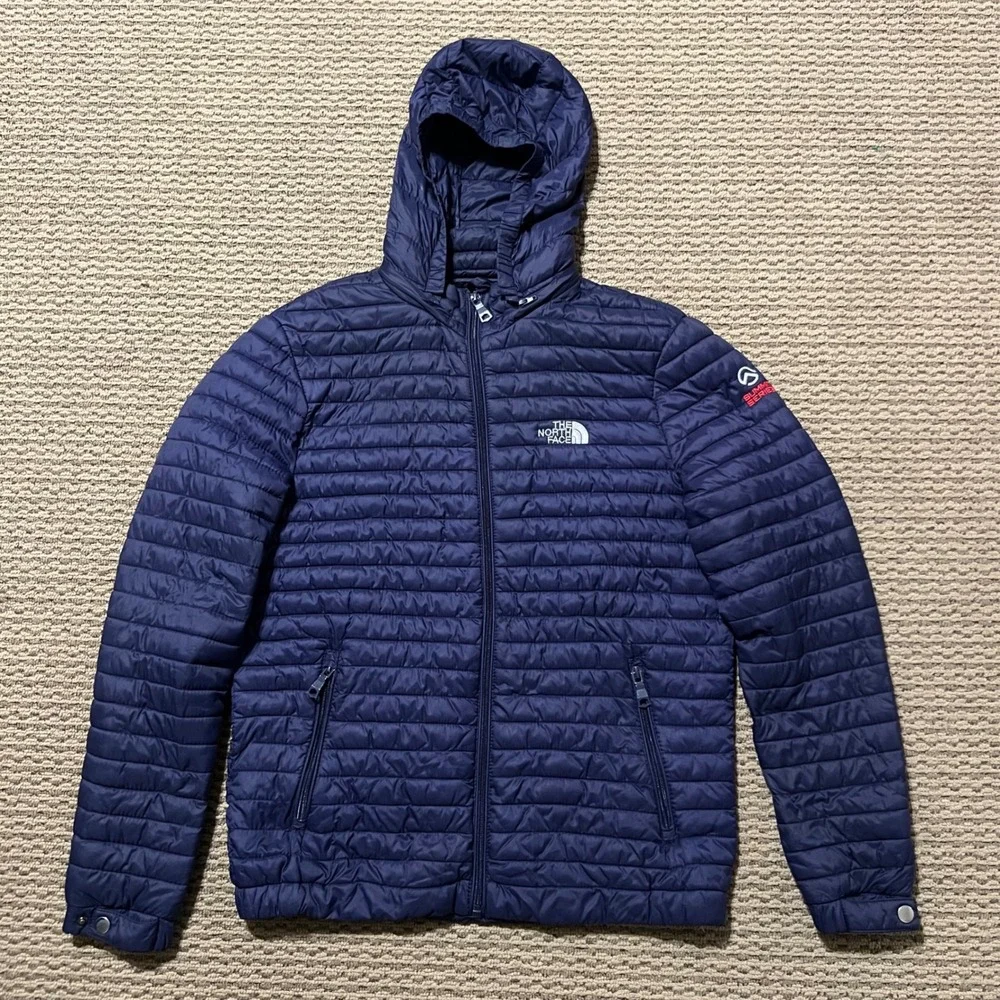 The North Face Summit Series Navy Blue Puffer Jacket Detachable Hood Mens Medium